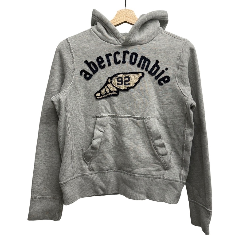 Abercrombie Kids Gray Muscle Hoodie Sweatshirt Felt Logo Patch XL Fits Women S
